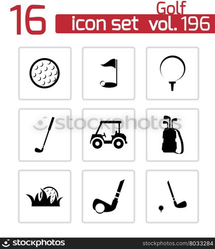 Vector black golf icons set on white background. Vector black golf icons set