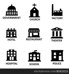 Vector black government building icons set. Vector black government building icons set on white bacground.