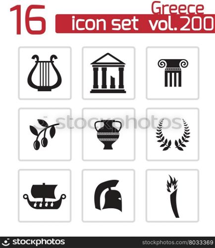 Vector black greece icons set on white background. Vector black greece icons set