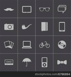 Vector black hipster icons set on gray background. Vector black hipster icons set