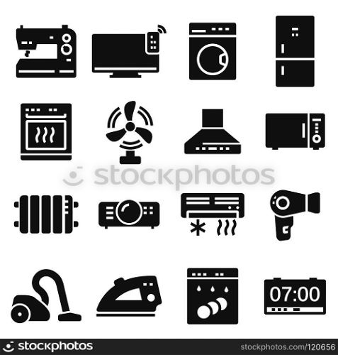 vector black home appliances icons set on white background. vector black home appliances icons set