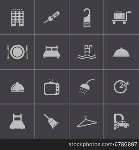 Vector black hotel icons set on gray background. Vector black hotel icons set