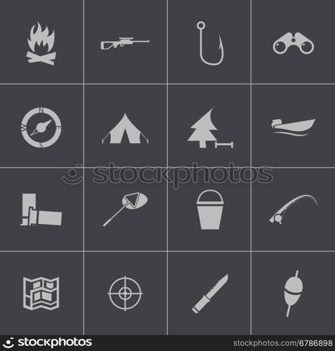 Vector black hunting icons set on gray background. Vector black hunting icons set