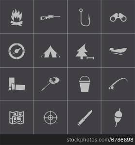 Vector black hunting icons set on gray background. Vector black hunting icons set