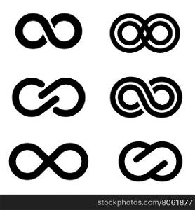 Vector black infinity icons set on white background. Limitless, Infinity icon.