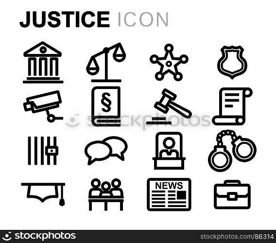 Vector black justice icons set. Vector black justice icons set on white background