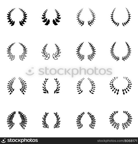 Vector black laurel wreaths icon set. Vector black laurel wreaths icon set on grey background