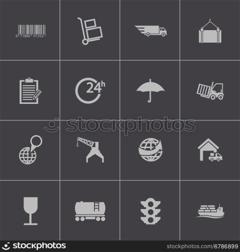 Vector black logistic icons set on gray background. Vector black logistic icons set