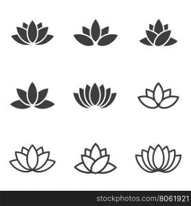 Vector black lotus icons set on white background. . Vector black lotus icons set on white background. Lotus plant. Lotus flower