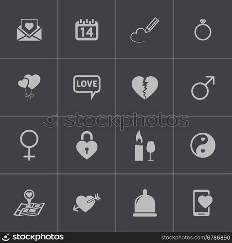 Vector black love icons set on gray background. Vector black love icons set