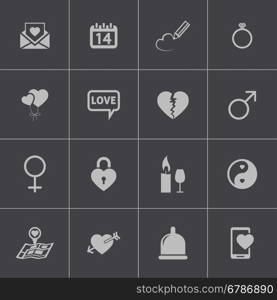 Vector black love icons set on gray background. Vector black love icons set