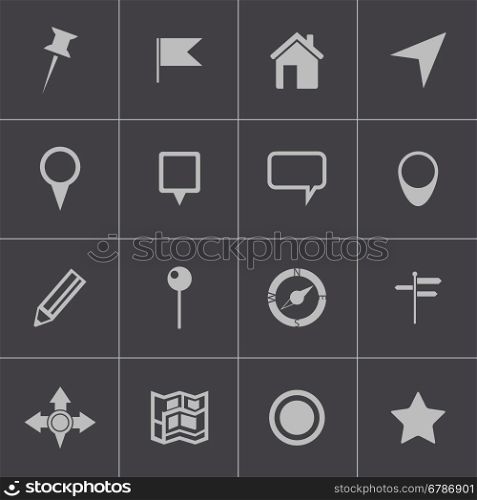 Vector black map icons set on gray background. Vector black map icons set