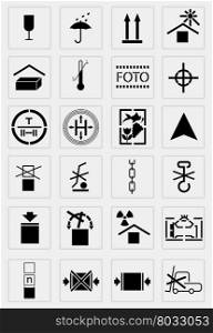 Vector black marking cargo icons set on white background. Vector black marking cargo icons set