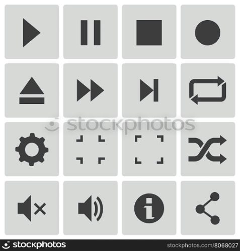 Vector black media player icons set on white background. Vector black media player icons set