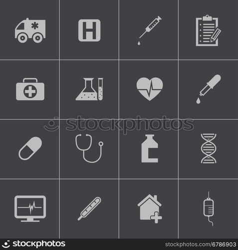 Vector black medical icon set on gray background. Vector black medical icon set