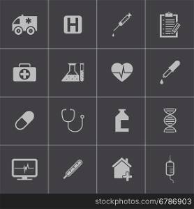 Vector black medical icon set on gray background. Vector black medical icon set