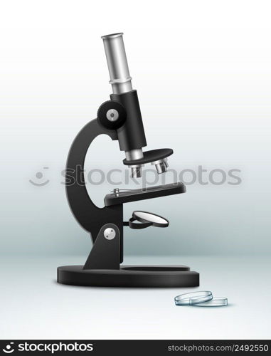 Vector black metal optical microscope with petri dish side view isolated on background. Microscope with petri dish