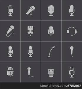 Vector black microphone icons set on grey background. Vector black microphone icons set