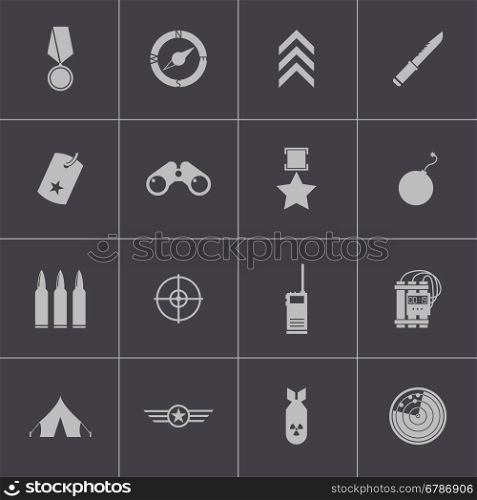 Vector black military icons set on gray background. Vector black military icons set