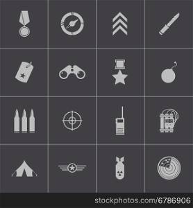 Vector black military icons set on gray background. Vector black military icons set