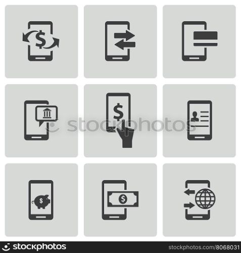 Vector black mobile banking icons set on white background. Vector black mobile banking icons set