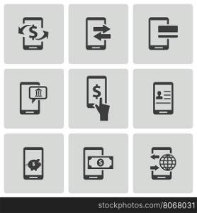 Vector black mobile banking icons set on white background. Vector black mobile banking icons set