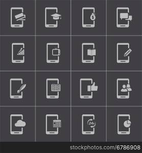 Vector black mobile icons set on grey background. Vector black mobile icons set