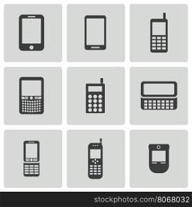 Vector black mobile phone icons set on white background. Vector black mobile phone icons set