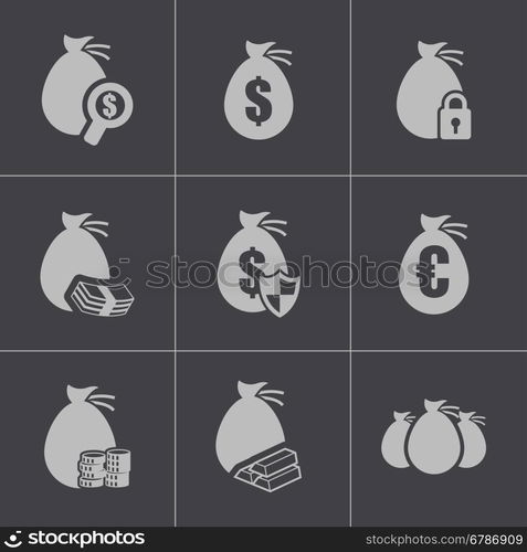 Vector black money icons set on grey background. Vector black money icons set