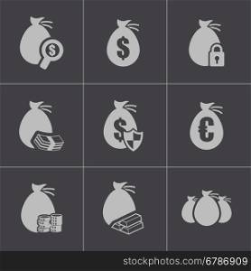 Vector black money icons set on grey background. Vector black money icons set