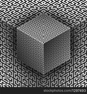 vector black monochrome Hilbert curve pattern fractal surface cube abstract illusion decoration background. vector abstract pattern cube backdrop