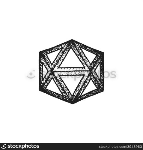 vector black monochrome tattoo dotted art style decoration element geometric icosahedron polyhedron illustration isolated white background&#xA;