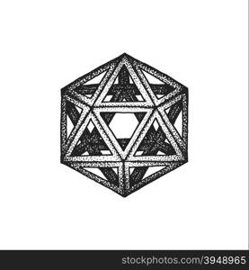 vector black monochrome tattoo dotted art style decoration element geometric icosahedron polyhedron illustration isolated white background&#xA;