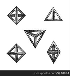 vector black monochrome tattoo dotted art style decoration element set various geometric tetrahedrons polyhedrons illustration isolated white background&#xA;