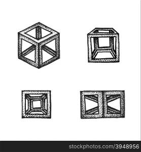 vector black monochrome tattoo dotted art style decoration element set various geometric cube polyhedrons illustration isolated white background&#xA;