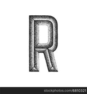 vector black monochrome vintage ink hand drawn dot work retro tattoo style engraving volumetric letter R isolated white background&#xA;