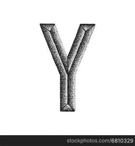 vector black monochrome vintage ink hand drawn dot work retro tattoo style engraving volumetric letter Y isolated white background&#xA;