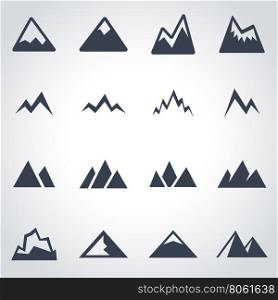Vector black mountains icon set. Vector black mountains icon set on grey background