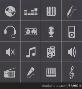 Vector black music icons set on gray background. Vector black music icons set