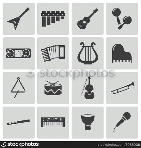 Vector black music instruments icons set on white background. Vector black music instruments icons set