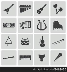Vector black music instruments icons set on white background. Vector black music instruments icons set