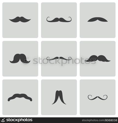Vector black mustaches icons set on white background. Vector black mustaches icons set