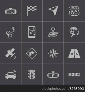 Vector black navigation icons set on grey background. Vector black navigation icons set