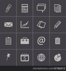Vector black office icons set on gray background. Vector black office icons set