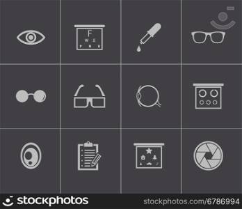 Vector black optometry icons set on grey background. Vector black optometry icons set