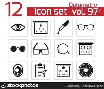 Vector black optometry icons set on white background. Vector black optometry icons set