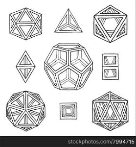 vector black outline hand drawn monochrome Platonic solids tetrahedron, cube, hexahedron, octahedron, dodecahedron, icosahedron isolated illustrations set on white background&#xA;
