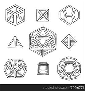 vector black outline hand drawn monochrome Platonic solids tetrahedron, cube, hexahedron, octahedron, dodecahedron, icosahedron isolated illustrations set on white background&#xA;