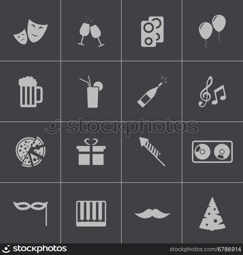 Vector black party icons set on gray background. Vector black party icons set