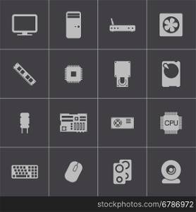 Vector black PC components icons set on grey background. Vector black PC components icons set